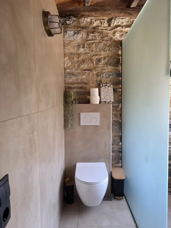 Toilet with a stone wall and a beam across the ceiling
