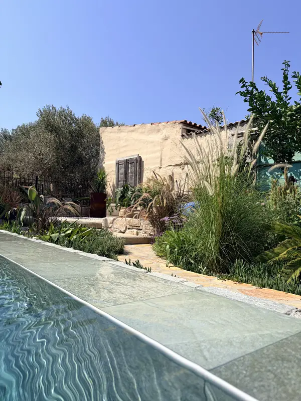 Along the edge of the pool, with the olive trees and the house behind